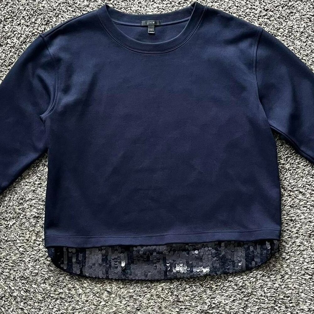 JCrew Navy Blue Sequin Cropped Sweatshirt Womens Large Party Whimsical Feminine
